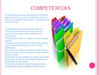 comPetenciaS
El Técnico Asistencia en Organización de Archivo
está constituido por ocho competencias, que nos
brinda una excelente seguridad en manejo de este,
los cuales son:
1.Resultados de aprendizaje etapa práctica.
2.Facilitar el servicio a los clientes internos y
externos de acuerdo con las políticas de la
organización.
3.Comprender textos en ingles en forma escrita y
auditiva.
4.Tramitar los documentos de archivo de acuerdo
con la normatividad vigente y con la política
institucional.
5.Promover la interacción idónea consigo mismo,
con los demás y con la naturaleza en los contextos
laboral y social.
6.Organizar los documentos de archivo de acuerdo
con su ciclo de vida, la normatividad vigente y las
condiciones institucionales.
•Organizar archivos de gestión de acuerdo con
normatividad vigente y políticas institucionales.
 