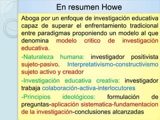 En resumen Howe
Aboga por un enfoque de investigación educativa
capaz de superar el enfrentamiento tradicional
entre paradigmas proponiendo un modelo al que
denomina modelo critico de investigación
educativa.
-Naturaleza humana: investigador positivista
sujeto-pasivo. Interpretativismo-constructivismo
sujeto activo y creador
-Investigación educativa creativa: investigador
trabaja colaboración-activa-interlocutores
-Principios     ideológicos:    formulación   de
preguntas-aplicación sistematica-fundamentacion
de la investigación-conclusiones alcanzadas
 