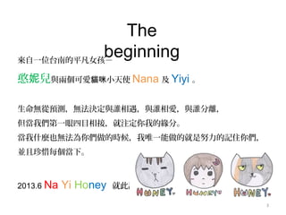 3
The
beginning來自一位台南的平凡女孩－
憨 兒妮 與兩個可愛 小天使貓咪 Nana 及 Yiyi 。
生命無從預測，無法決定與誰相遇，與誰相愛，與誰分離，
但當我們第一眼四目相接，就注定你我的緣分。
當我什麼也無法為你們做的時候，我唯一能做的就是努力的記住你們，
並且珍惜每個當下。
2013.6 Na Yi Honey 就此誕生
 