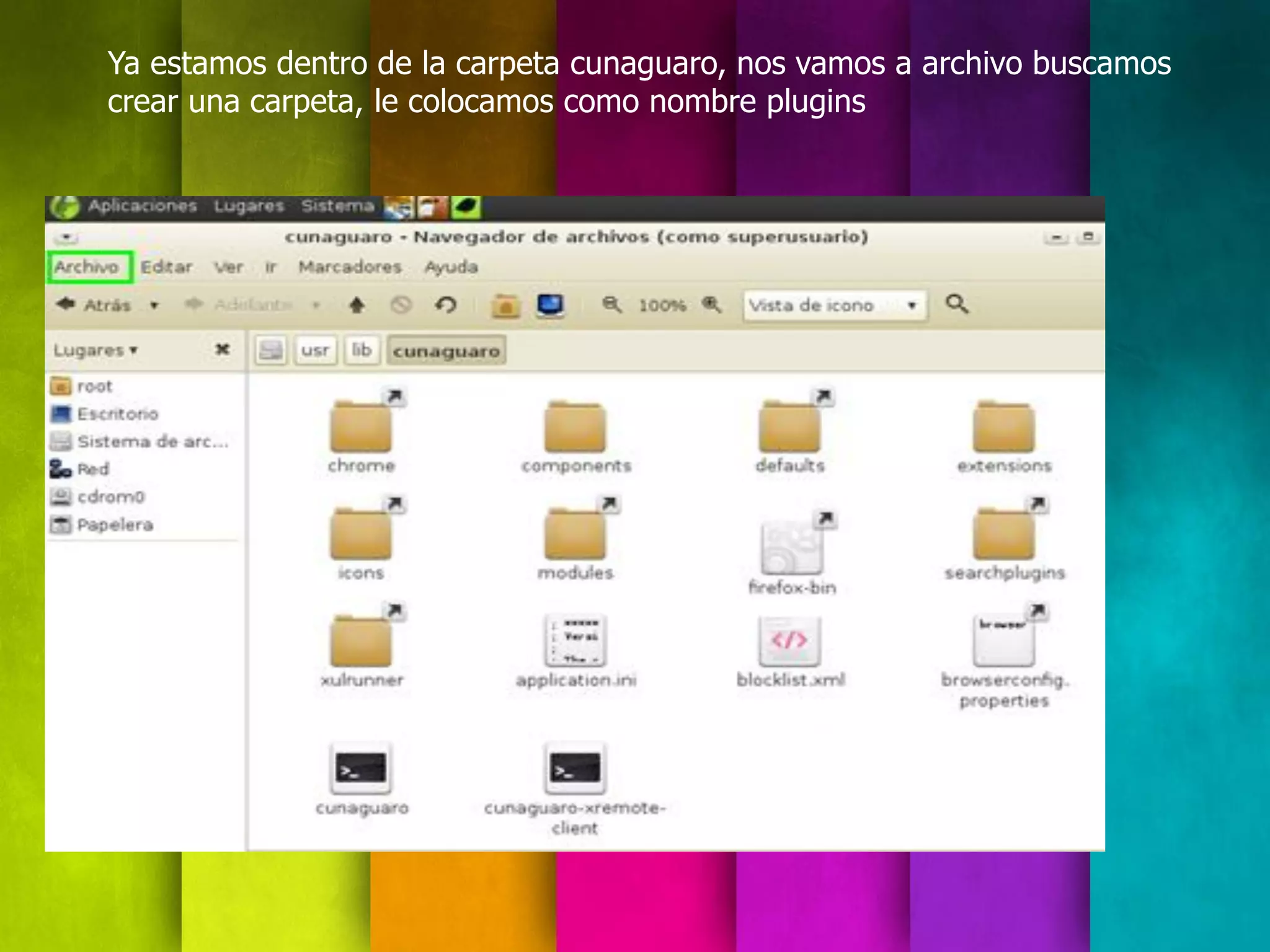 Ya estamos dentro de la carpeta cunaguaro, nos vamos a archivo buscamos
crear una carpeta, le colocamos como nombre plugins
 