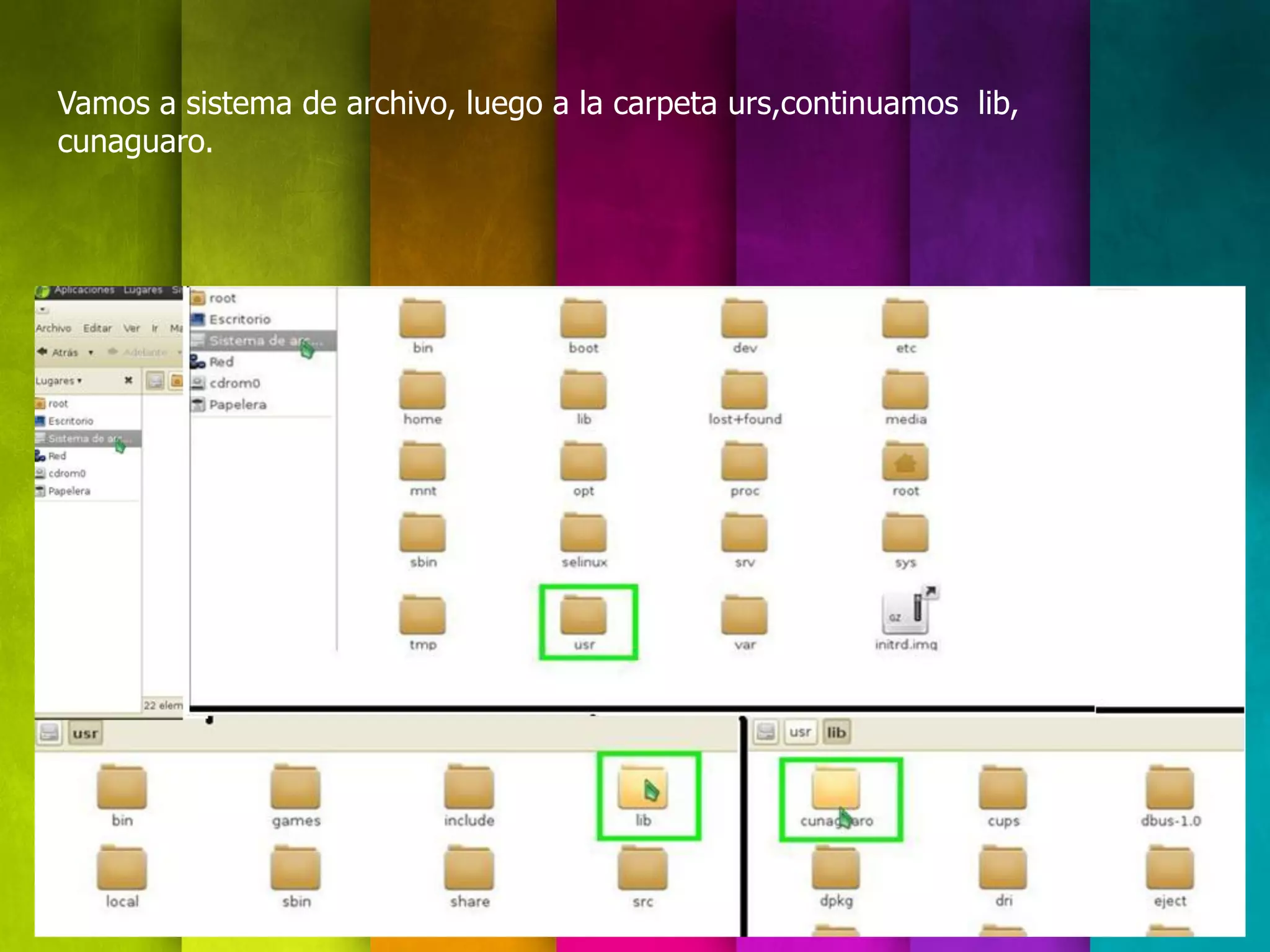 Vamos a sistema de archivo, luego a la carpeta urs,continuamos lib,
cunaguaro.
 