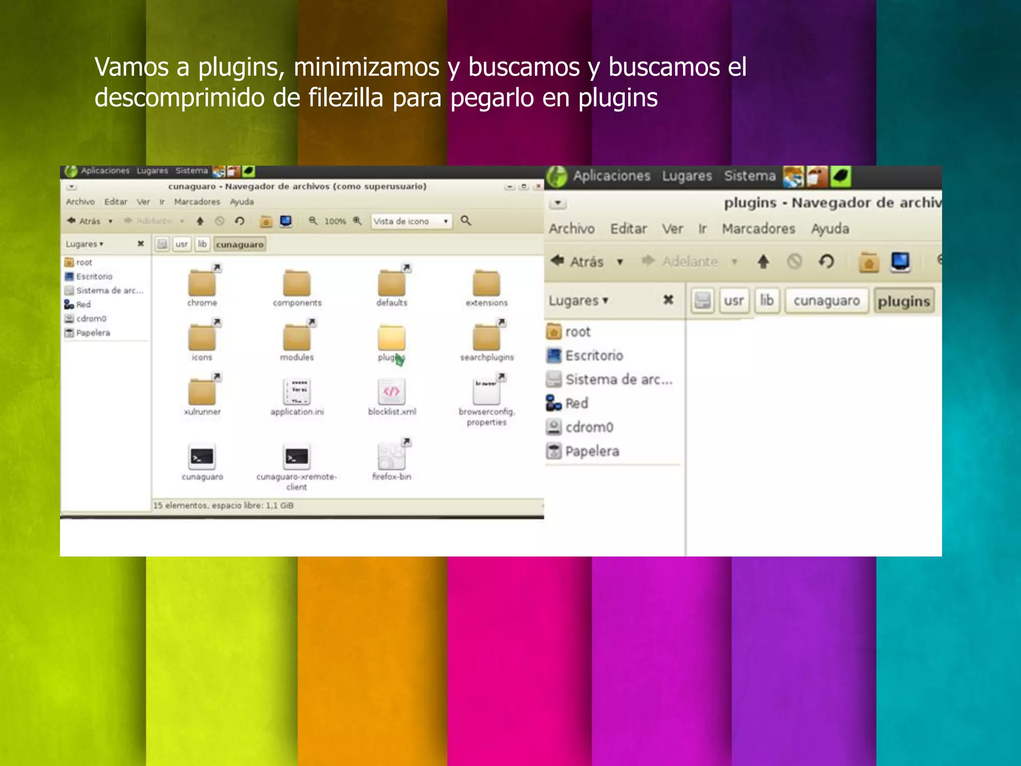 Vamos a plugins, minimizamos y buscamos y buscamos el
descomprimido de filezilla para pegarlo en plugins
 