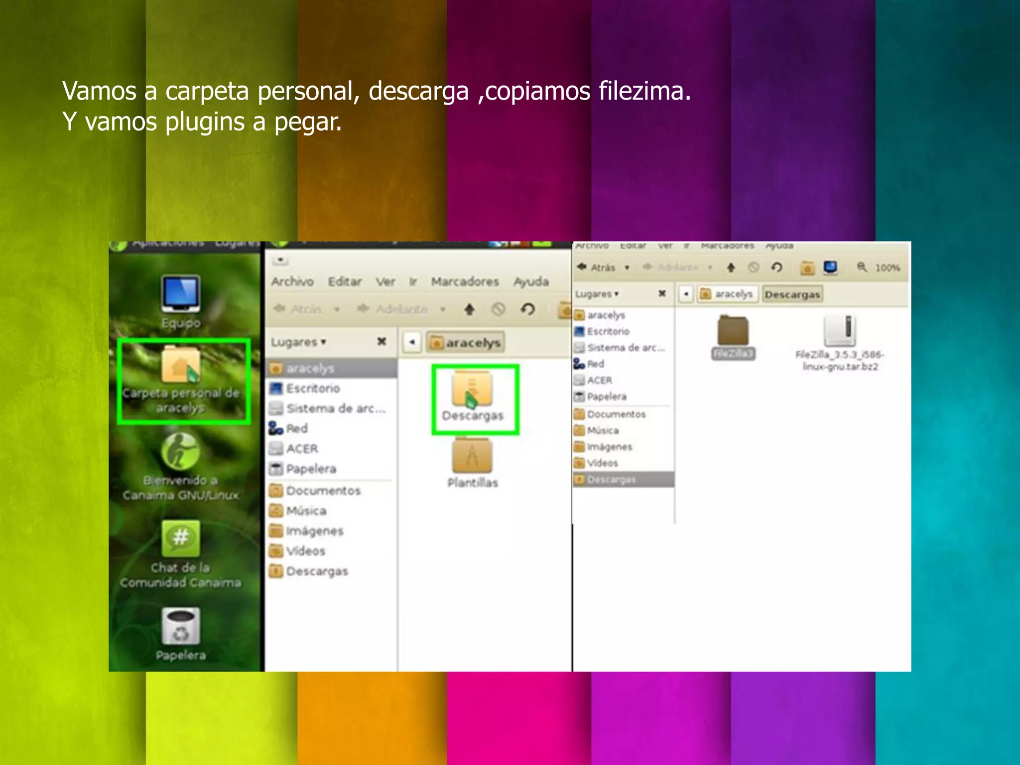 Vamos a carpeta personal, descarga ,copiamos filezima.
Y vamos plugins a pegar.
 
