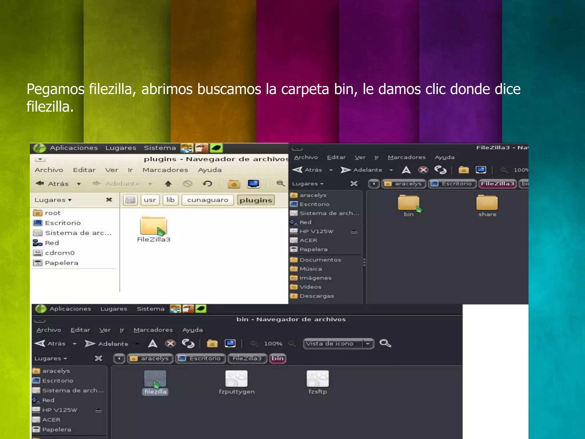 Pegamos filezilla, abrimos buscamos la carpeta bin, le damos clic donde dice
filezilla.
 
