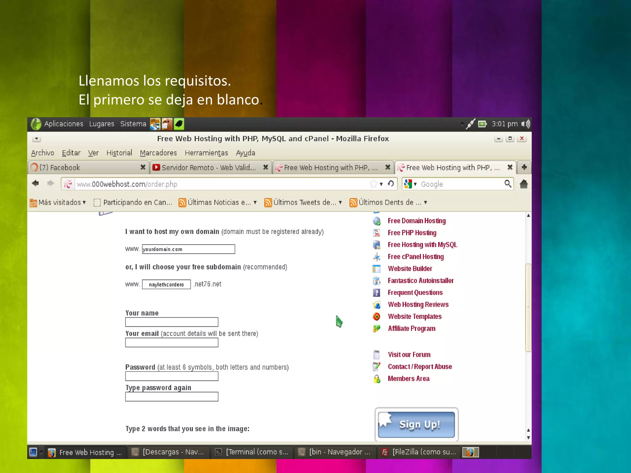 Llenamos los requisitos.
El primero se deja en blanco.
 