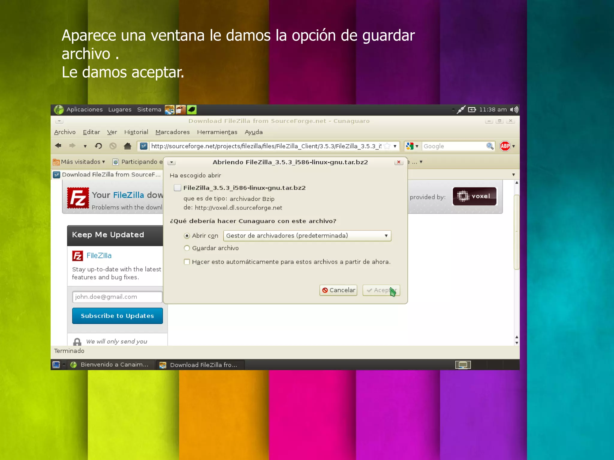 Aparece una ventana le damos la opción de guardar
archivo .
Le damos aceptar.
 