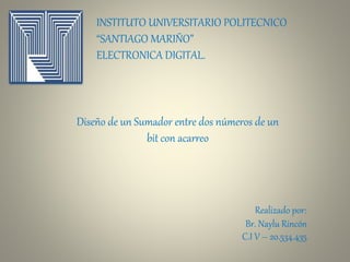 INSTITUTO UNIVERSITARIO POLITECNICO
“SANTIAGO MARIÑO”
ELECTRONICA DIGITAL.
Realizado por:
Br. Naylu Rincón
C.I V – 20.534.435
Diseño de un Sumador entre dos números de un
bit con acarreo