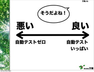 万葉.rb




                    そうだよね！


               悪い            良い
               自動テストゼロ   自動テスト
                          いっぱい



                               株式会社   万葉
2013年4月8日月曜日
 