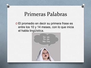Primeras Palabras
O El promedio en decir su primera frase es
entre los 10 y 14 meses, con lo que inicia
el habla lingüística.
 