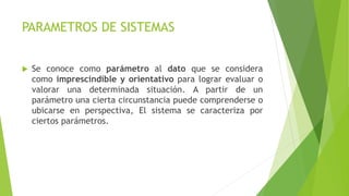 PARAMETROS DE SISTEMAS
 Se conoce como parámetro al dato que se considera
como imprescindible y orientativo para lograr evaluar o
valorar una determinada situación. A partir de un
parámetro una cierta circunstancia puede comprenderse o
ubicarse en perspectiva, El sistema se caracteriza por
ciertos parámetros.
 