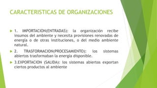 CARACTERISTICAS DE ORGANIZACIONES
 1. IMPORTACION(ENTRADAS): la organización recibe
insumos del ambiente y necesita provisiones renovadas de
energía o de otras instituciones, o del medio ambiente
natural.
 2. TRASFORMACION(PROCESAMIENTO): los sistemas
abiertos trasformaban la energía disponible.
 3.EXPORTACION (SALIDA): los sistemas abiertos exportan
ciertos productos al ambiente
 
