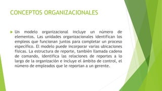 CONCEPTOS ORGANIZACIONALES
 Un modelo organizacional incluye un número de
elementos. Las unidades organizacionales identi...