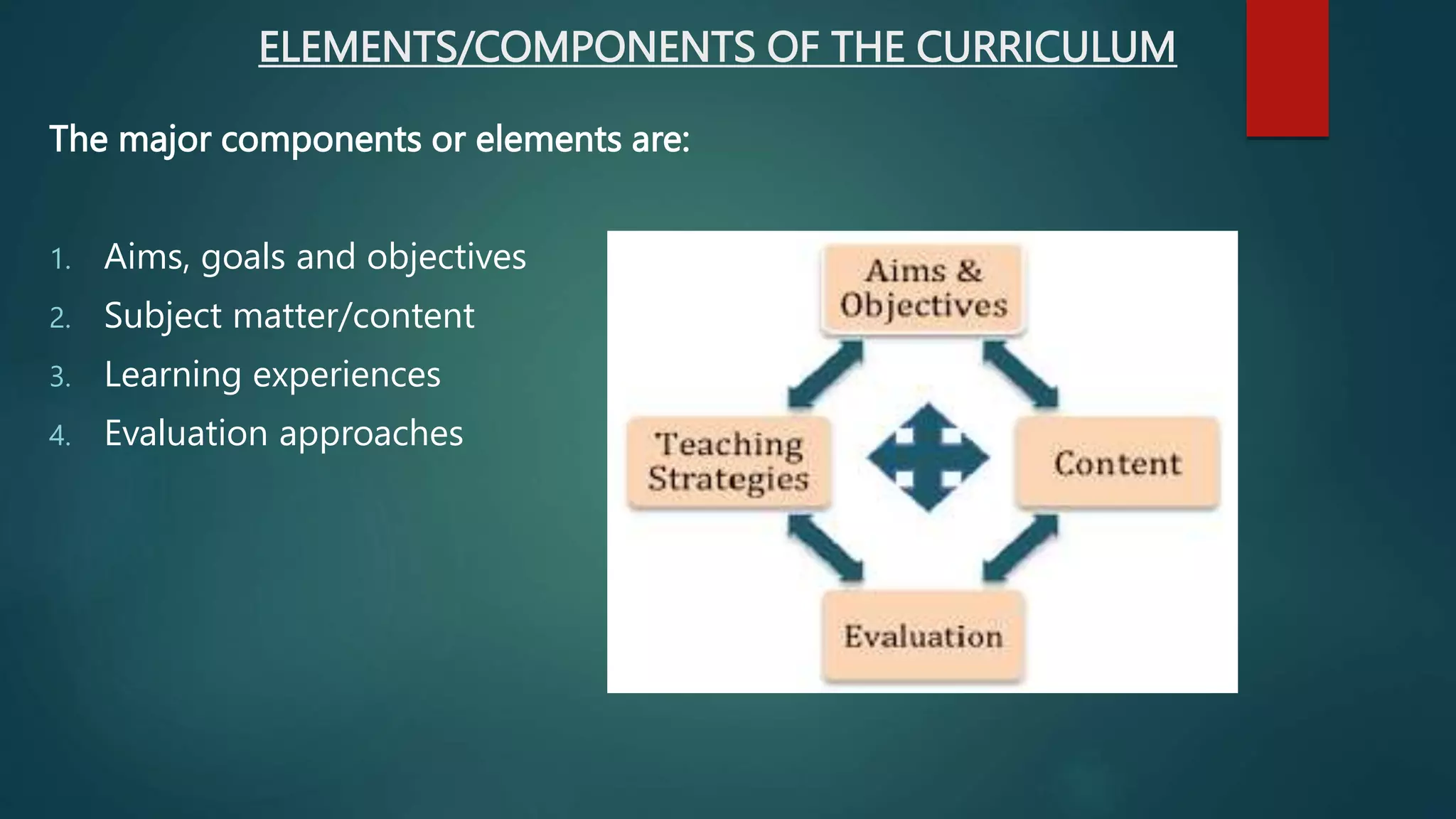 ELEMENTS/COMPONENTS OF THE CURRICULUM
The major components or elements are:
1. Aims, goals and objectives
2. Subject matter/content
3. Learning experiences
4. Evaluation approaches
 