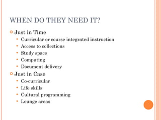 WHEN DO THEY NEED IT? Just in Time Curricular or course integrated instruction Access to collections Study space Computing Document delivery Just in Case Co-curricular Life skills Cultural programming Lounge areas 