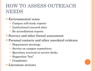 HOW TO ASSESS OUTREACH NEEDS Environmental scans Campus self-study reports Institutional research data Re-accreditation reports Surveys and other formal assessment Personal contacts and other anecdotal evidence Department meetings Service on campus committees Questions received at service desks Suggestion “box” Complaints Literature reviews 
