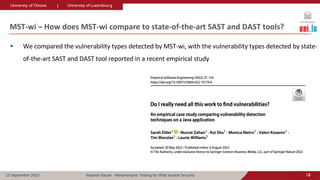 University of Ottawa | University of Luxembourg
University of Ottawa | University of Luxembourg
16
Nazanin Bayati - Metamorphic Testing for Web System Security
13 September 2023
MST-wi – How does MST-wi compare to state-of-the-art SAST and DAST tools?
• We compared the vulnerability types detected by MST-wi, with the vulnerability types detected by state-
of-the-art SAST and DAST tool reported in a recent empirical study
 