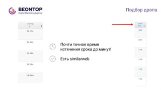 Подбор дропа
Почти точное время
истечения срока до минут!
Есть similarweb
 
