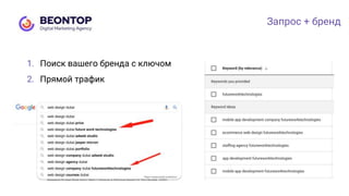 Запрос + бренд
1. Поиск вашего бренда с ключом
2. Прямой трафик
 