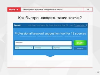 15
15
Как получить трафик в конкурентных нишах
Как быстро находить такие ключи?
 