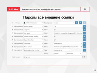 26
26
Как получить трафик в конкурентных нишах
Парсим все внешние ссылки
 