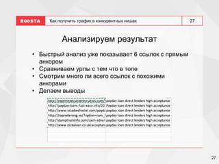 27
27
Как получить трафик в конкурентных нишах
Анализируем результат
• Быстрый анализ уже показывает 6 ссылок с прямым
анкором
• Сравниваем урлы с тем что в топе
• Смотрим много ли всего ссылок с похожими
анкорами
• Делаем выводы
 