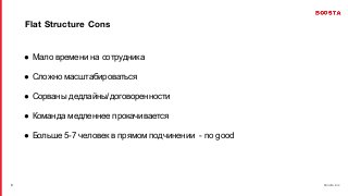 / 26 boosta.biz
6
Flat Structure Cons
● Мало времени на сотрудника
● Сложно масштабироваться
● Сорваны дедлайны/договоренности
● Команда медленнее прокачивается
● Больше 5-7 человек в прямом подчинении - no good
 