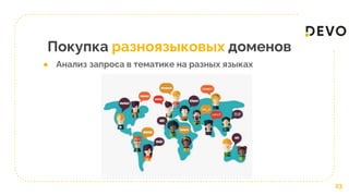 Покупка разноязыковых доменов
23
● Анализ запроса в тематике на разных языках
 