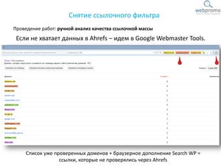 Проведение работ: ручной анализ качества ссылочной массы
Снятие ссылочного фильтра
Если не хватает данных в Ahrefs – идем в Google Webmaster Tools.
Список уже проверенных доменов + браузерное дополнение Search WP =
ссылки, которые не проверялись через Ahrefs
 