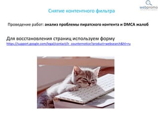 Проведение работ: анализ проблемы пиратского контента и DMCA жалоб
Снятие контентного фильтра
Для восстановления страниц используем форму
https://support.google.com/legal/contact/lr_counternotice?product=websearch&hl=ru
 
