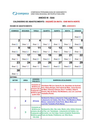 Calendário de abastecimento de água Nazaré da Mata - Junho 
