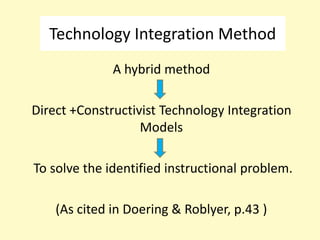 Technology Integration Method
              A hybrid method

Direct +Constructivist Technology Integration
                   Models

To solve the identified instructional problem.

    (As cited in Doering & Roblyer, p.43 )
 