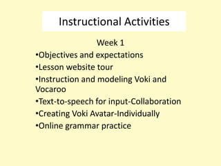 Instructional Activities
                 Week 1
•Objectives and expectations
•Lesson website tour
•Instruction and modeling Voki and
Vocaroo
•Text-to-speech for input-Collaboration
•Creating Voki Avatar-Individually
•Online grammar practice
 
