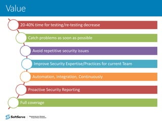 Value
20-40% time for testing/re-testing decrease
Catch problems as soon as possible
Avoid repetitive security issues
Improve Security Expertise/Practices for current Team
Automation, Integration, Continuously
Proactive Security Reporting
Full coverage
 