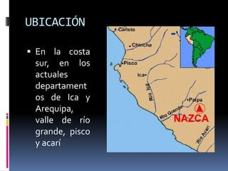 UBICACIÓN
En la costa
sur, en los
actuales
departament
os de Ica y
Arequipa,
valle de río
grande, pisco
y acarí