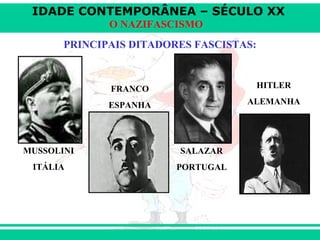 IDADE CONTEMPORÂNEA – SÉCULO XX
O NAZIFASCISMO
PRINCIPAIS DITADORES FASCISTAS:
MUSSOLINI
ITÁLIA
FRANCO
ESPANHA
SALAZAR
PORTUGAL
HITLER
ALEMANHA
 