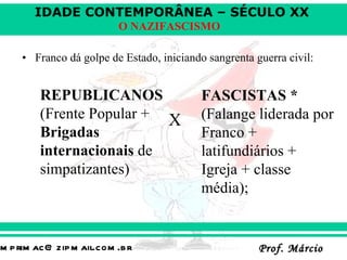 Franco dá golpe de Estado, iniciando sangrenta guerra civil:     X REPUBLICANOS  (Frente Popular +  Brigadas internacionais  de simpatizantes) FASCISTAS *  (Falange liderada por Franco + latifundiários + Igreja + classe média); 