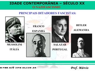 PRINCIPAIS DITADORES FASCISTAS: MUSSOLINI ITÁLIA FRANCO ESPANHA SALAZAR PORTUGAL HITLER ALEMANHA 