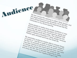 ence
A udi                 My t
                            a
                             w
                     the t o minut
                                           e
                    have rget aud film ope
                   char similar b ience is ning is c
                         acte
                                 rs in ackgrou young ad alled ‘W
                                       my m        nd            u           id
                 Som                           ovie s and ex lts (15 to e Awake
                 want e people                      open          p             2
                                                           ing. eriences 6) who and
                                                                                           ’
                how to know in reality                                           like t
                                                                                        he
               issue  their          how         have
                              life s        youn        sim
              relat s that th tyle is, t g teena ilar prob
                   e               e           h           g
              Raih to Raih youth f is movie ers are lems or m
                  an g            a           a                           c
                         ets a n’s char ce today opening oping an ay
                                  rrest       a           .
            My s                        ed a cter in ‘W The aud deals wit d
                                             nd liv                       i          h
           in so econdary                           es th ide Awa ence can
          the f ciety in r audienc                        e str          k
               i                                                eet l e’ becau
         may lm, for ex eal life in e maybe                             ife.        se
        to ch take inte ample a order to able to c
                           r              u
       show ange the est in th dience tackle is hange th
                                        i          s
      and n in the youths a s movie uch as y sues rais ings
            show        fil             n          be           o             e
                   the p m, this is d show t cause th uth work d in
                          ositiv          a         ha            e           er
                                   e an ctually h t whatev y may w s
                                          d ne
                                               gativ appening er was ant
                                                    e thi
                                                          ngs in reality
                                                               i n l i fe
                                                                          .
 