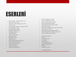 ESERLER?
? Fa?izm S?n?flar ve Emperyalizm (1975)
? N?z?m ile Piraye (1975)
? Ayd?nl?k?? Yazar Ayd?nl?k?? ?air (1976)
? Yaz?lar (1976)
? ?van ?vanovi? Var m?yd? Yok muydu? (1985)
? ?eviri Hik?yeler (1987)
? Her ?eye Ra?men (1990)
? Kad?nlar?n ?syan? (1990)
? K?r Padi?ah (1990)
? Tartf-59 (1990)
? Yalanc? Tan?k (1990)
? Hik?yeler (1991)
? Konu?malar (1991)
? Masallar (1991)
? Sanat, Edebiyat, Kltr, Dil (1991)
? Yatar Bursa Kalesinde (1991)
? Yaz?lar 1924-1934 (1991)
? Yaz?lar 1935 (1991)
? Yaz?lar 1936 (1991)
? Yaz?lar 1937-1962 (1991)
? Piraye'ye Mektuplar 1 (1998)
? Piraye'ye Mektuplar 2 (1998)
? Sanat ve Edebiyat ?stne (1998)
? N?z?m Hikmet ?ark?lar? (2001)
? Bizim Radyoda N?z?m Hikmet (2002)
? Btn ?iirleri (2007)
? Henz Vakit Varken Glm (se?me ?iirler, 2008)
? ?teki Defterler (2008)
? ?ank?r?dan Piraye'ye Mektuplar (2010)
? Byk ?nsanl?k (kendi sesinden ?iirler, 2011)
? Senaryo: Mmtaz Osman ad?yla:
? Kar?m Beni Aldat?rsa,
? Fena Yol,
? S?z Bir Allah Bir,
? Cici Berber,
? Milyon Avc?lar?,
? Aysel Batakl? Dam?n K?z?,
? Leblebici Horhor A?a,
? K?skan?.
? Ercment Er ad?yla:
? K?z?l?rmak Karakoyun.
 