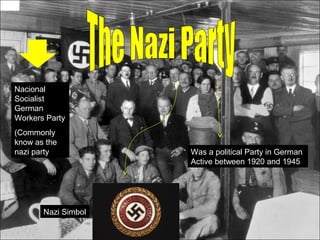 Nacional
Socialist
German
Workers Party
(Commonly
know as the
nazi party) Was a political Party in German
Active between 1920 and 1945
Nazi Simbol
 