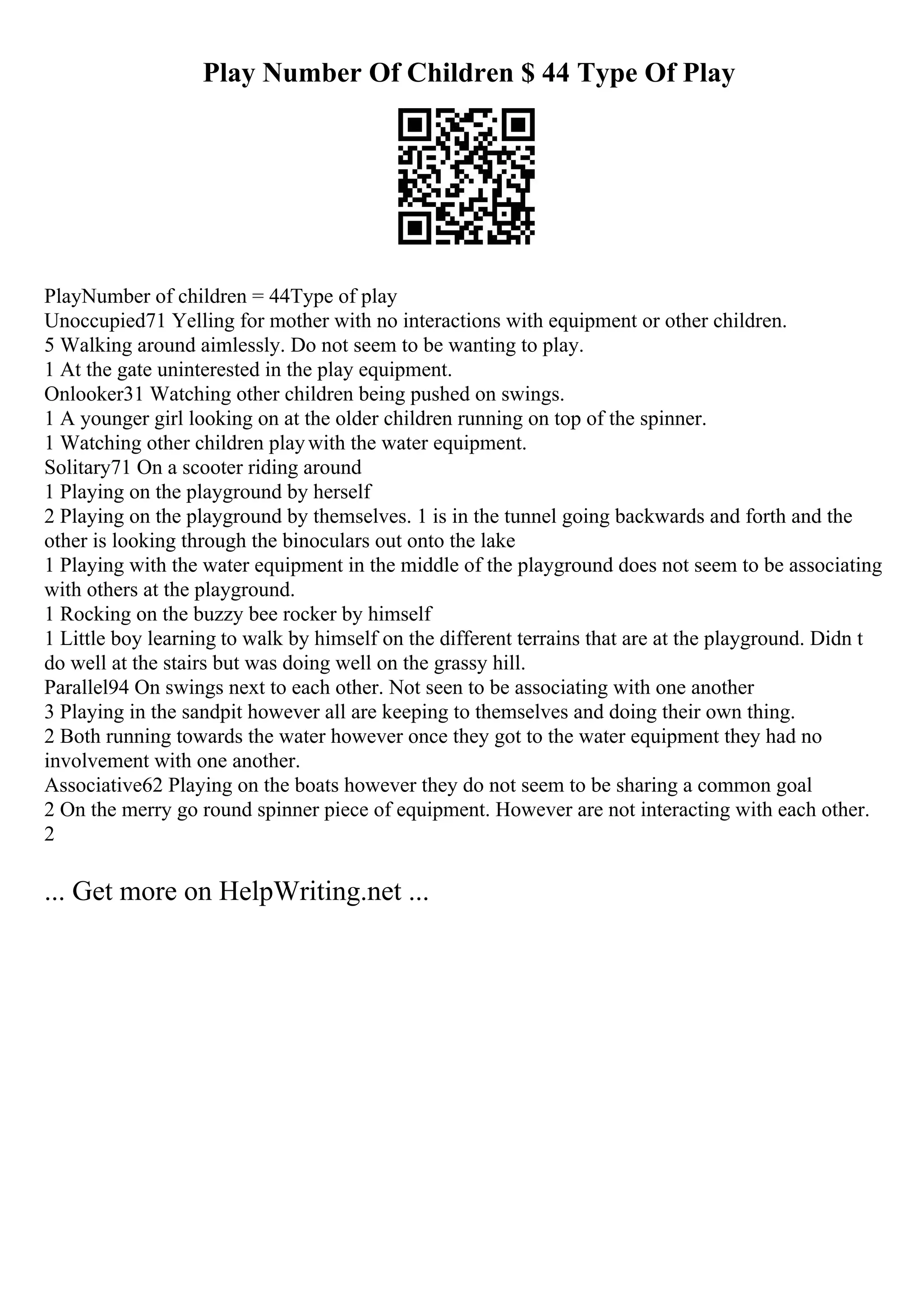 Play Number Of Children $ 44 Type Of Play
PlayNumber of children = 44Type of play
Unoccupied71 Yelling for mother with no interactions with equipment or other children.
5 Walking around aimlessly. Do not seem to be wanting to play.
1 At the gate uninterested in the play equipment.
Onlooker31 Watching other children being pushed on swings.
1 A younger girl looking on at the older children running on top of the spinner.
1 Watching other children playwith the water equipment.
Solitary71 On a scooter riding around
1 Playing on the playground by herself
2 Playing on the playground by themselves. 1 is in the tunnel going backwards and forth and the
other is looking through the binoculars out onto the lake
1 Playing with the water equipment in the middle of the playground does not seem to be associating
with others at the playground.
1 Rocking on the buzzy bee rocker by himself
1 Little boy learning to walk by himself on the different terrains that are at the playground. Didn t
do well at the stairs but was doing well on the grassy hill.
Parallel94 On swings next to each other. Not seen to be associating with one another
3 Playing in the sandpit however all are keeping to themselves and doing their own thing.
2 Both running towards the water however once they got to the water equipment they had no
involvement with one another.
Associative62 Playing on the boats however they do not seem to be sharing a common goal
2 On the merry go round spinner piece of equipment. However are not interacting with each other.
2
... Get more on HelpWriting.net ...
 