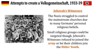 Jehovah’s Witnesses
The Nazis struggled to control
the mainstream churches due
to many Germans’ personal
religious beliefs.
Small religious groups could be
targeted though. Jehovah’s
Witnesses refused to joined the
army or let their children join
the Hitler Youth.
 