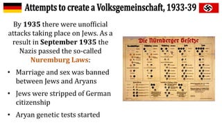 By 1935 there were unofficial
attacks taking place on Jews. As a
result in September 1935 the
Nazis passed the so-called
Nuremburg Laws:
• Marriage and sex was banned
between Jews and Aryans
• Jews were stripped of German
citizenship
• Aryan genetic tests started
 
