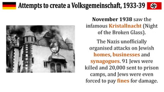 November 1938 saw the
infamous Kristallnacht (Night
of the Broken Glass).
The Nazis unofficially
organised attacks on Jewish
homes, businesses and
synagogues. 91 Jews were
killed and 20,000 sent to prison
camps, and Jews were even
forced to pay fines for damage.
 