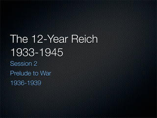 The 12-Year Reich
1933-1945
Session 2
Prelude to War
1936-1939
 