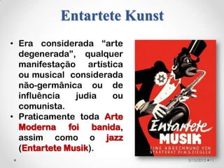 Entartete Kunst
• Era considerada “arte
  degenerada”, qualquer
  manifestação artística
  ou musical considerada
  não-germânica ou de
  influência   judia  ou
  comunista.
• Praticamente toda Arte
  Moderna foi banida,
  assim como o jazz
  (Entartete Musik).
                            3/15/2013   11
 
