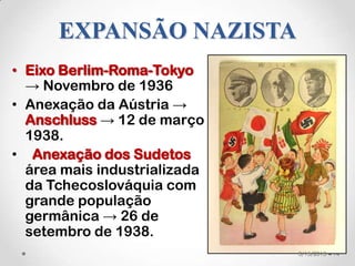 EXPANSÃO NAZISTA
• Eixo Berlim-Roma-Tokyo
  → Novembro de 1936
• Anexação da Aústria →
  Anschluss → 12 de março
  1938.
• Anexação dos Sudetos
  área mais industrializada
  da Tchecoslováquia com
  grande população
  germânica → 26 de
  setembro de 1938.
                              3/15/2013   14
 