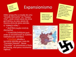 Expansionismo
Hitler propunha a criação de uma
"Grande Alemanha" ou "Espaço
Vital", onde viviam povo da etnia
germânica, ou seja, povos da
mesma etnia do povo alemão.
O "ESPAÇO VITAL":
* ÁUSTRIA (nação-irmã da
Alemanha)
* TCHECOSLOVÁQUIA (país
onde se encontravam os Sudetos,
habitados por alemães)
* POLÔNIA (dividia o
território alemão por meio do
"Corredor Polonês". Nesse
"Corredor" se encontrava o Porto
de Danzig, vital para a economia
inglesa).
SARRE (França) -
Liga das Nações não
consegue impedir
essa anexação.
POLÔNIA - Hitler
invade a Polônia em
1939. Como a
Inglaterra e a França se
comprometeram
a defender a Polônia
em caso de invasão,
Inglaterra e França
declararam guerra à
Alemanha.
 