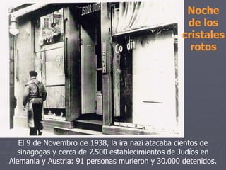 El 9 de Novembro de 1938, la ira nazi atacaba cientos de
sinagogas y cerca de 7.500 establecimientos de Judíos en
Alemania y Austria: 91 personas murieron y 30.000 detenidos.
Noche
de los
cristales
rotos
 