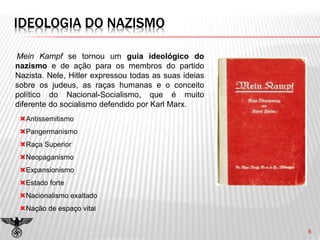 IDEOLOGIA DO NAZISMO
Mein Kampf se tornou um guia ideológico do
nazismo e de ação para os membros do partido
Nazista. Nele, Hitler expressou todas as suas ideias
sobre os judeus, as raças humanas e o conceito
político do Nacional-Socialismo, que é muito
diferente do socialismo defendido por Karl Marx.
6
Antissemitismo
Pangermanismo
Raça Superior
Neopaganismo
Expansionismo
Estado forte
Nacionalismo exaltado
Nação de espaço vital
 